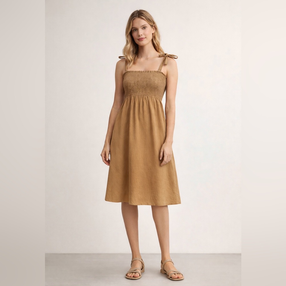 Saint Tropez West Tan Smocked Midi Dress with Tie Straps